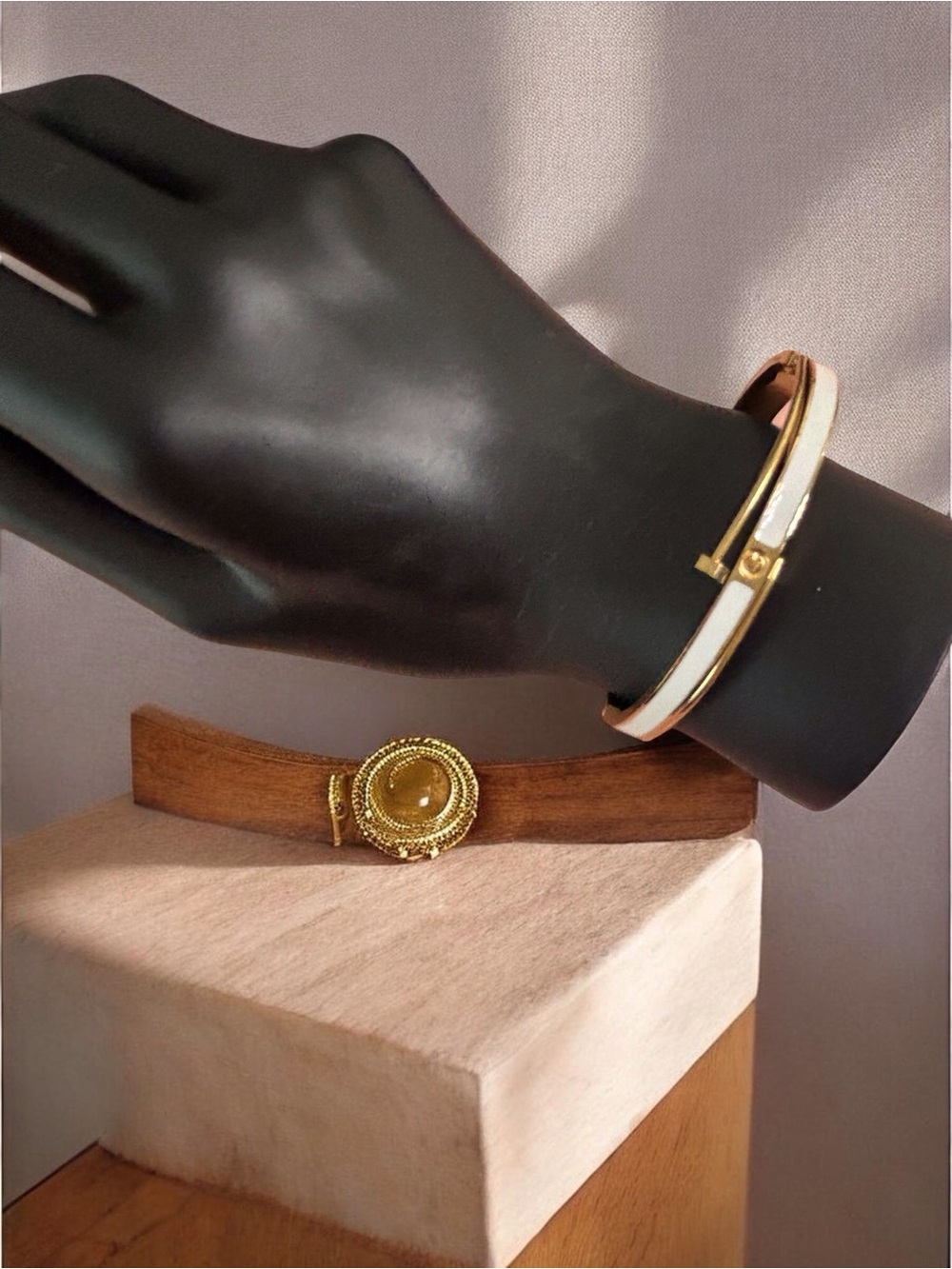 Gold and White Hinged Bangle Bracelet - Elegant Women's Accessory